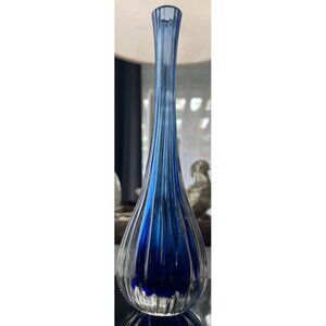 Vintage Pilgrim Handmade Cased Cobalt Blue Clear Glass Ribbed Vase